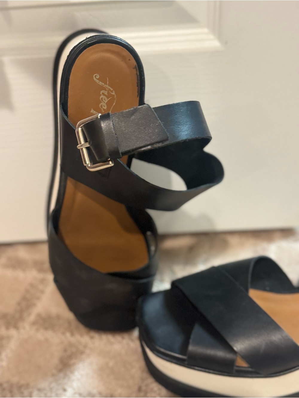 Free People Black Platform Slide Sandals with Buckle